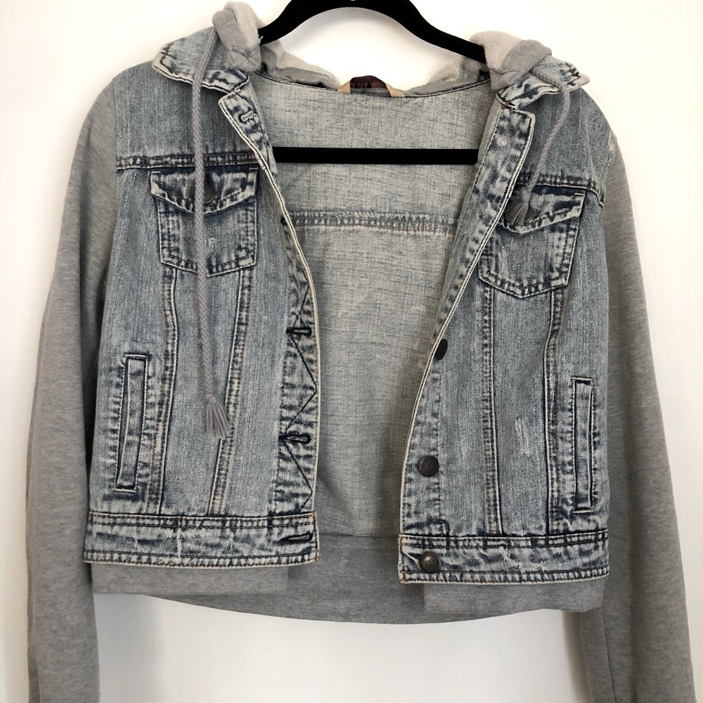 Highway Jean Jacket with Hoodie statements. Sweatshirt style sleeves and hood.